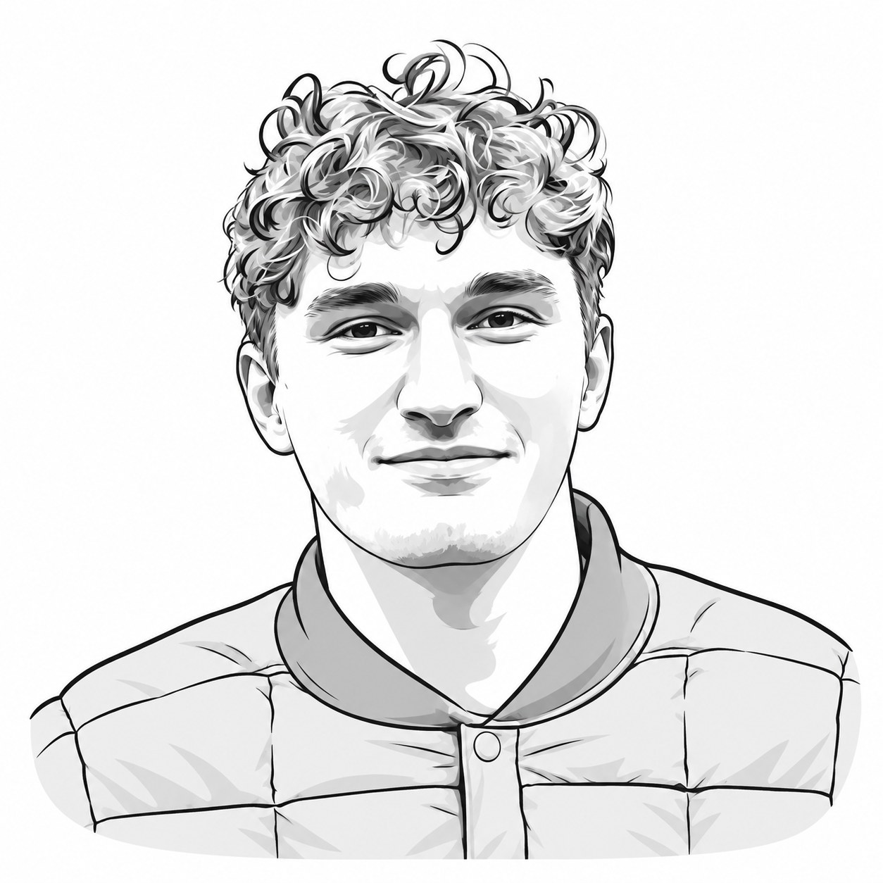 A line-drawn portrait illustration of Carson Orr, wearing a quilted jacket.