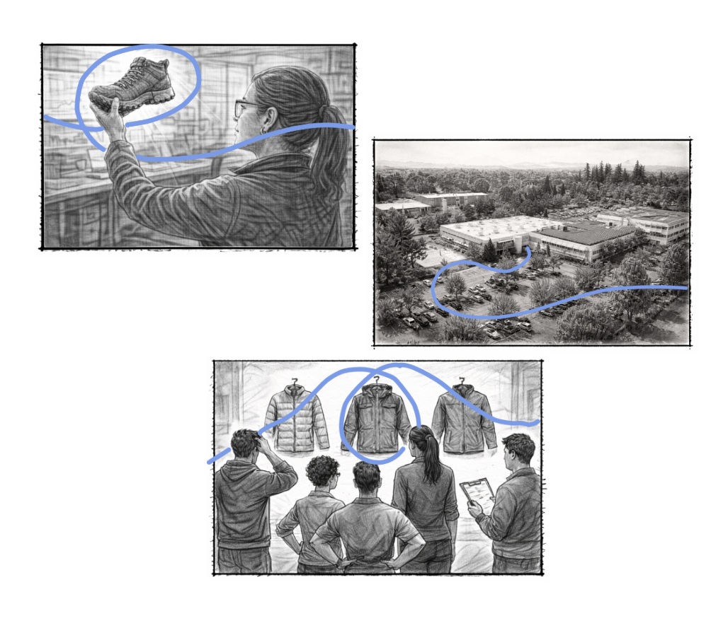 Three pencil-rendered storyboard frames, each overlaid with a hand-drawn blue thread tracing the camera path.