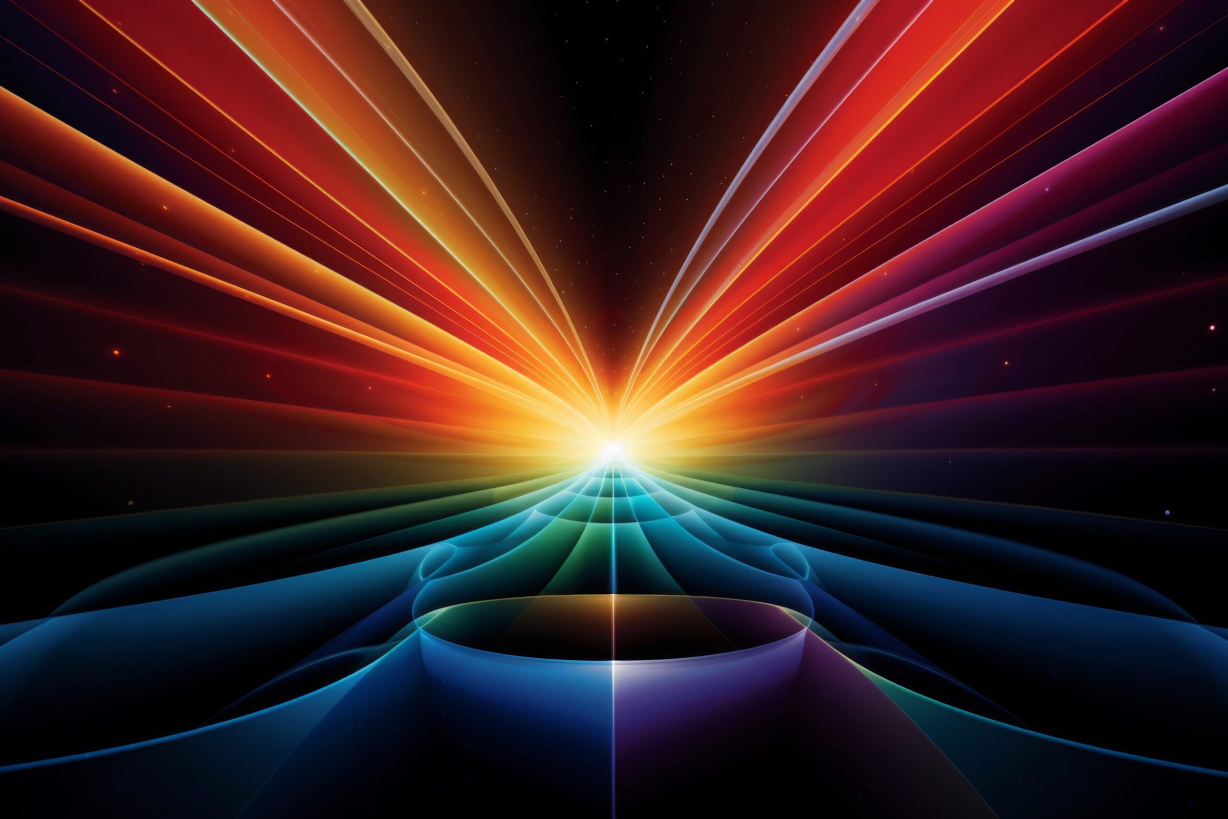Converging beams of warm and cool light radiating from a single bright point.