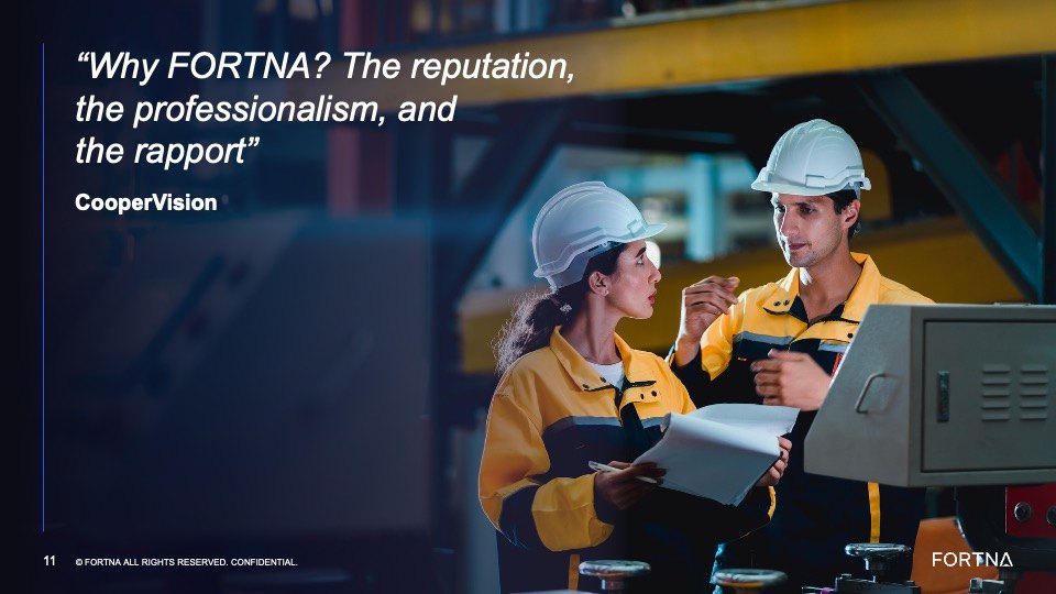 A testimonial slide quoting CooperVision on reputation, professionalism and rapport, set beside a photograph of two engineers in hard hats reviewing a screen.
