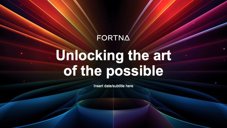 The FORTNA deck title slide reading Unlocking the art of the possible, set over converging beams of coloured light.