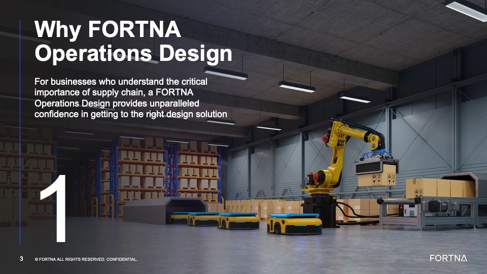 A FORTNA chapter slide headed Why FORTNA Operations Design, set over a rendered warehouse with a robotic arm and automated carts.