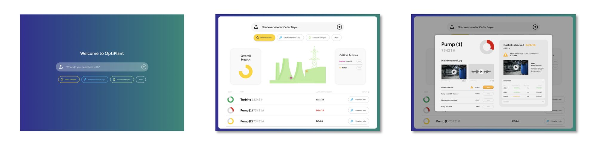 Three screens of an interface prototype: a welcome search screen, an overview dashboard with health scores, and a maintenance detail view.