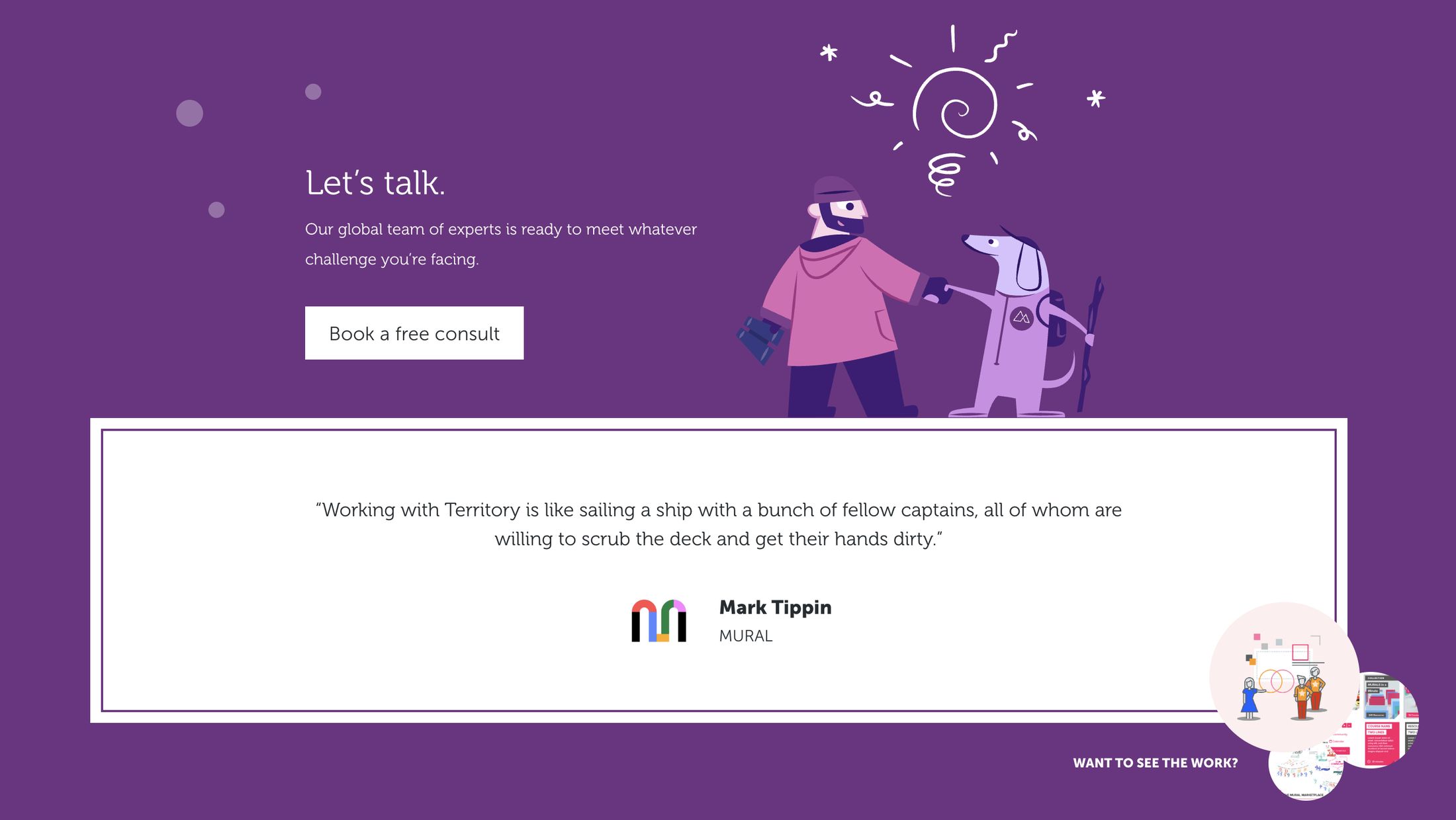 The closing section of a Territory page with a Let us talk invitation, a Book a free consult button, and a client testimonial from MURAL.