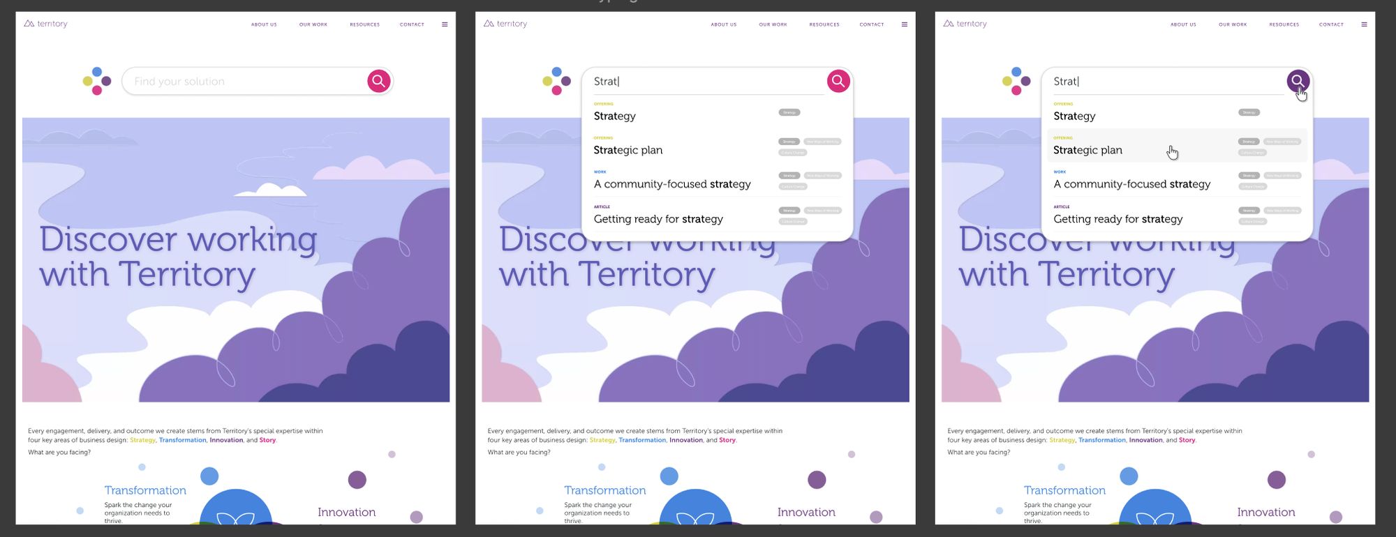 Three frames of the Territory search interaction, typing Strat and surfacing matching offerings, work, and articles.