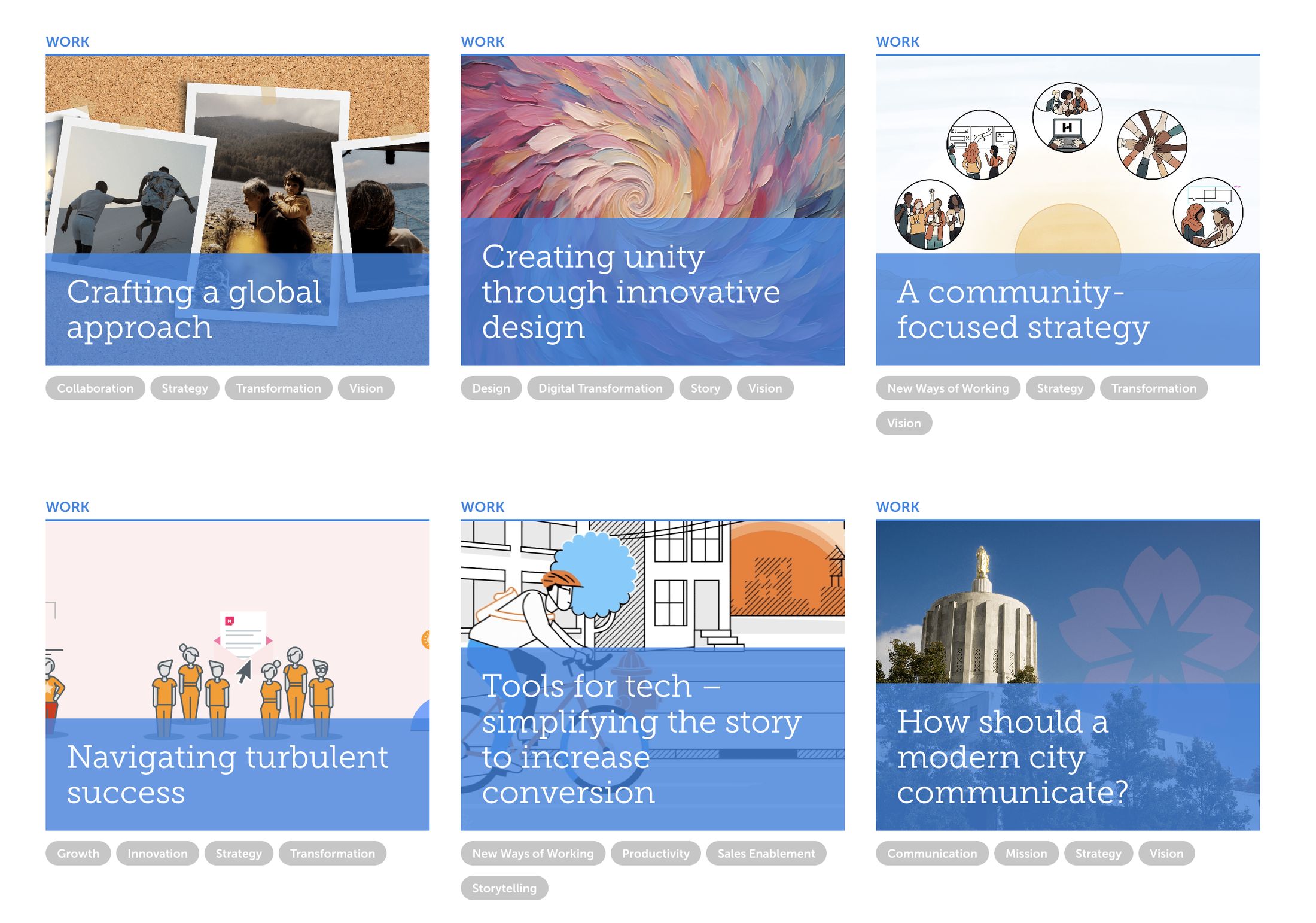 A grid of six Territory case study cards, each with distinct artwork, a title, and filter tags.