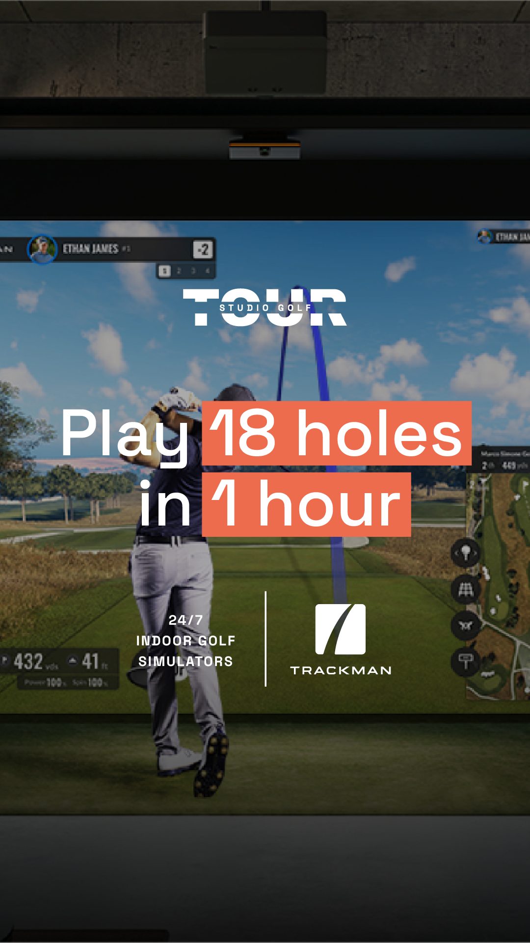 Vertical paid social ad showing a golfer mid-swing in front of a simulator screen, headlined Play 18 holes in 1 hour, with 24/7 indoor golf simulators and the Trackman logo.