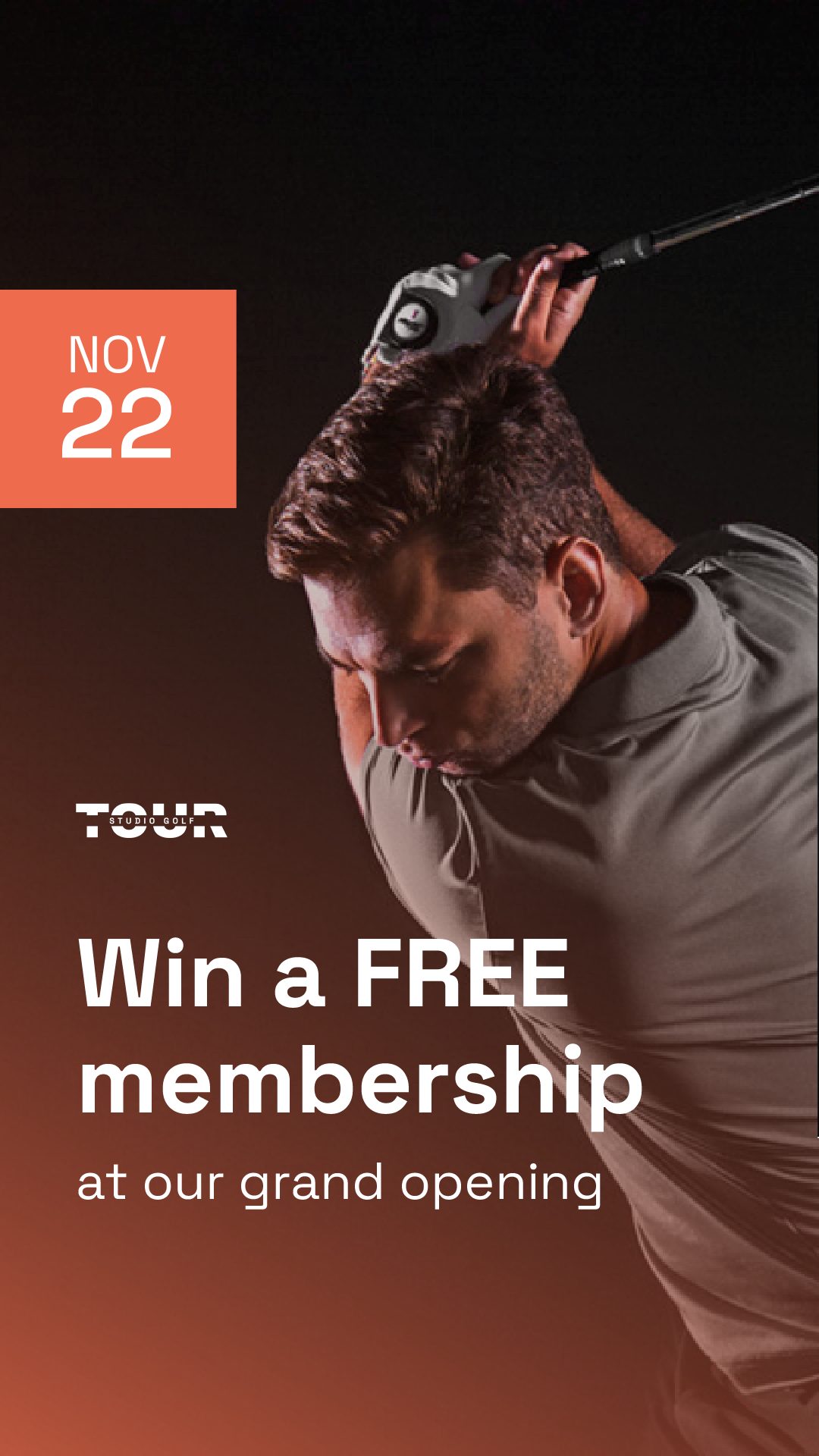 Vertical paid social ad with a coral NOV 22 date block and the headline Win a FREE membership at our grand opening.