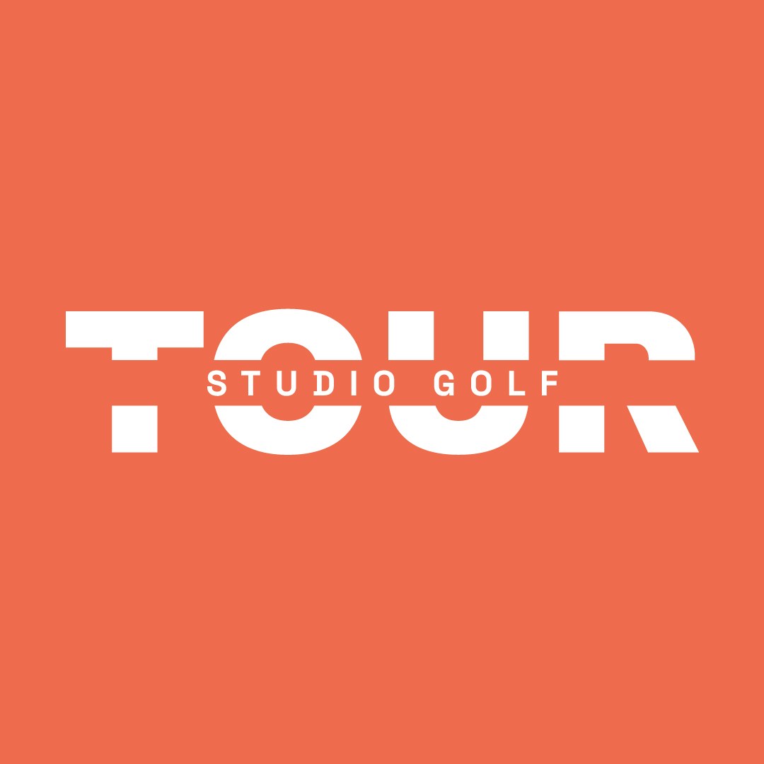 The Tour Studio Golf logo: TOUR in heavy white geometric letterforms on a coral field, with STUDIO GOLF knocked through the centre.